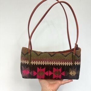 Vtg Yun Art Purse Kilim Wool & Leather Bag Handmade In Turkey Western Native